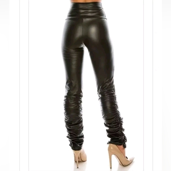 Faux Leather High Waist stretch Pants Legging with ruched leg - Picture 8 of 14